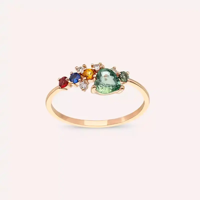 0.92 CT Multicolor Safir ve Pırlanta Taşlı Rose Altın Yüzük