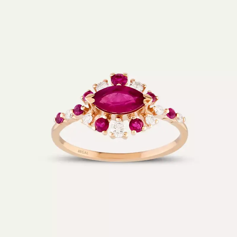 0.92 CT Yakut ve Pırlanta Taşlı Rose Altın Yüzük