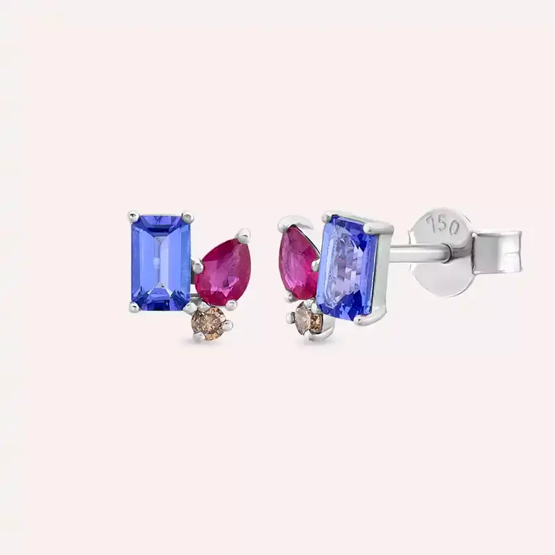 1.06 CT Tanzanit, Yakut ve Kahverengi Elmas Beyaz Altın Küpe