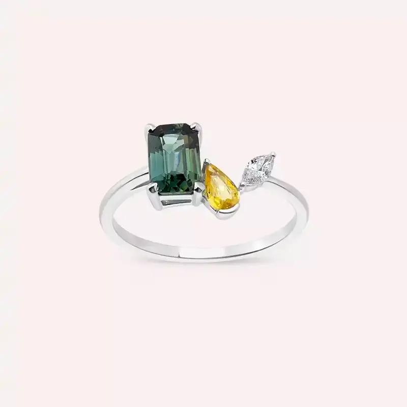 1.55 CT Multicolor Safir ve Pırlanta Taşlı Beyaz Altın Yüzük