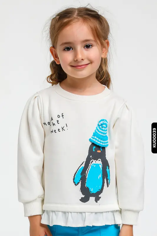 %100 Pamuklu Penguen Baskılı Uzun Kollu Kız Çocuk Bisklet Yakalı Sweatshirt 1-5 Yaş 875