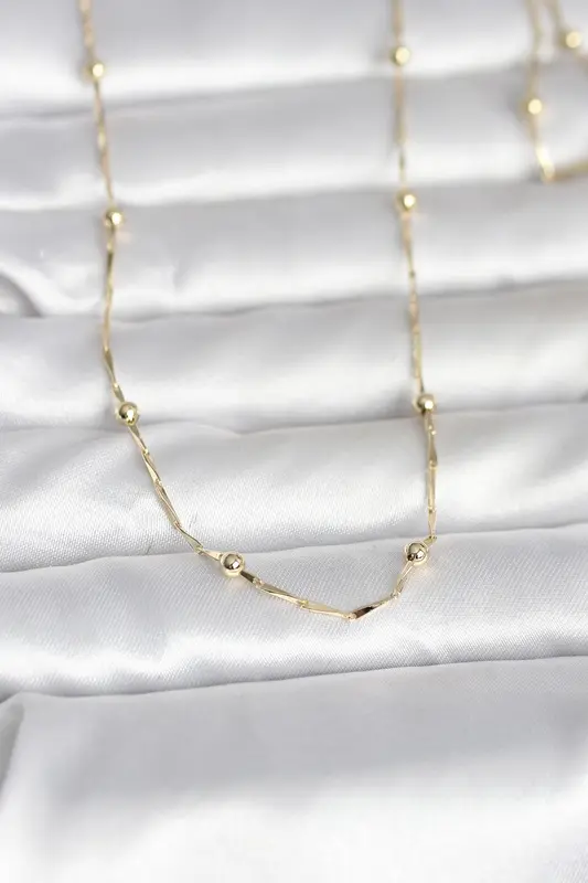 14K Gold Renk Kesme Çubuk Zincir Topçuklu Model 60 Kadın Kolye