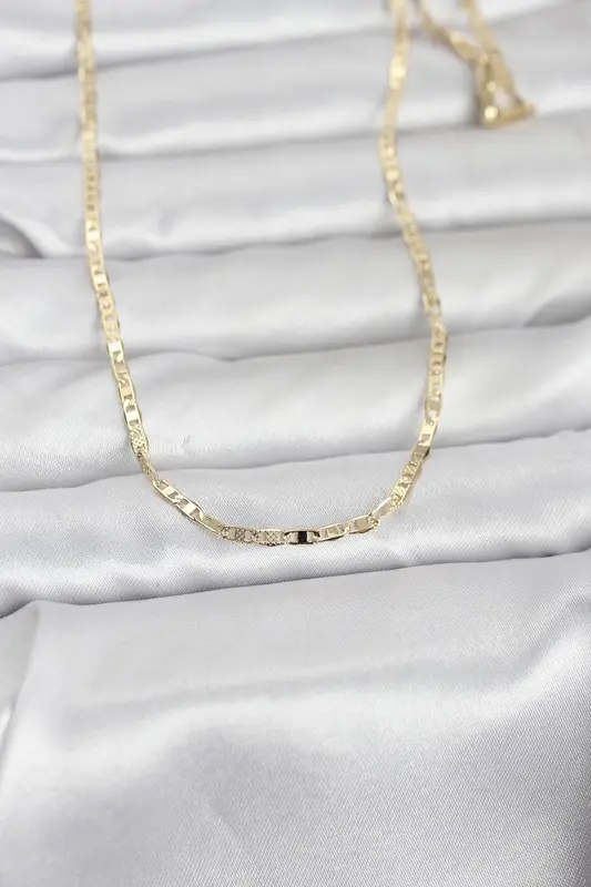 14K Gold Renk Lazerli Yassı Model Zincirli 60 Kadın Kolye