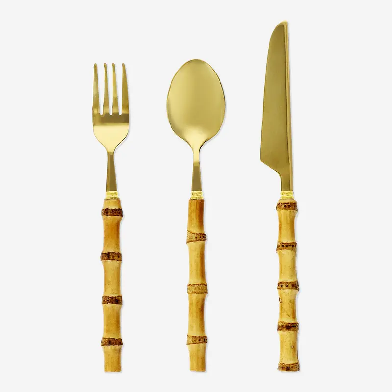 3 Parça Gold Bambu Saplı Çatal Kaşık Bıçak Seti