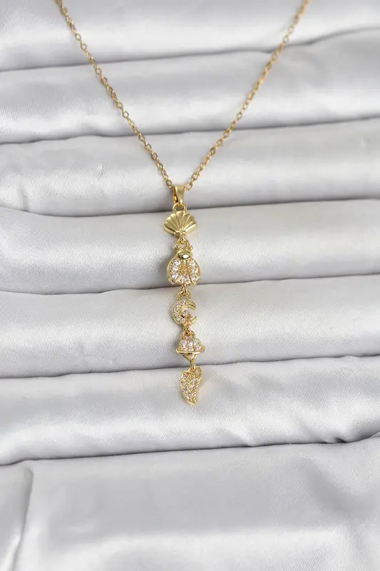 316L Çelik Gold Renk Deniz Temalı Y Model Zirkon Taşlı Kadın Kolye