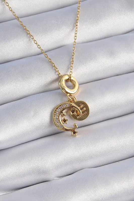 316L Çelik Gold Renk Zirkon Taşlı Ay Yıldız Model Charm Model Kadın Kolye