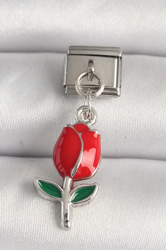 316L Çelik Gümüş Renk Kırmızı Gül Model Nomination Charm