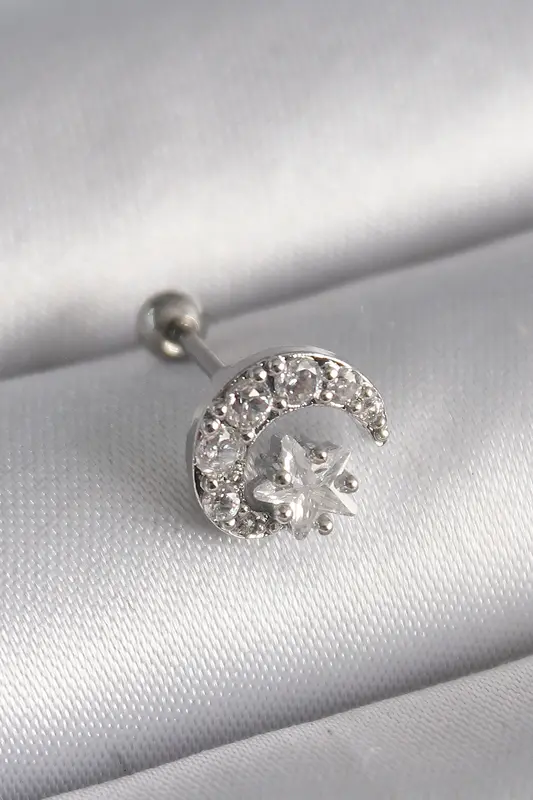 316L Çelik Gümüş Renk Zirkon Taşlı Ay Yıldız Tragus Piercing