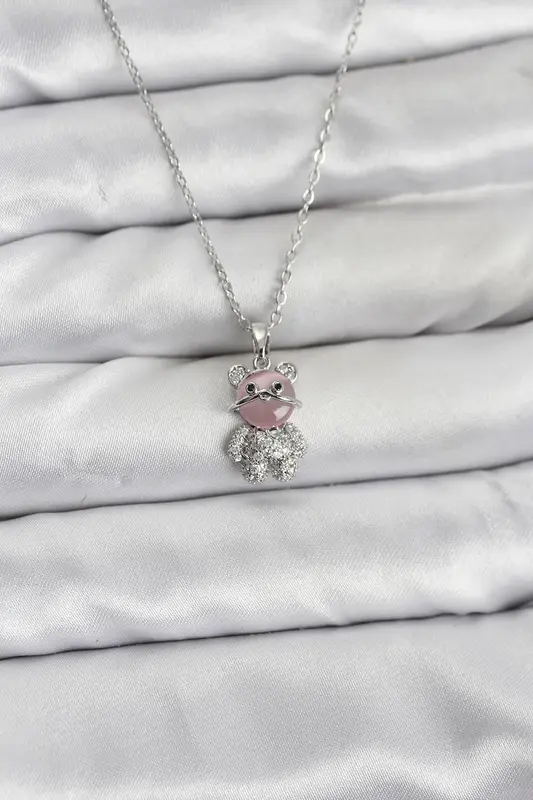 316L Çelik Zincir Gümüş Renk Teddy Bear Model Zirkon Taşlı Kadın Kolye