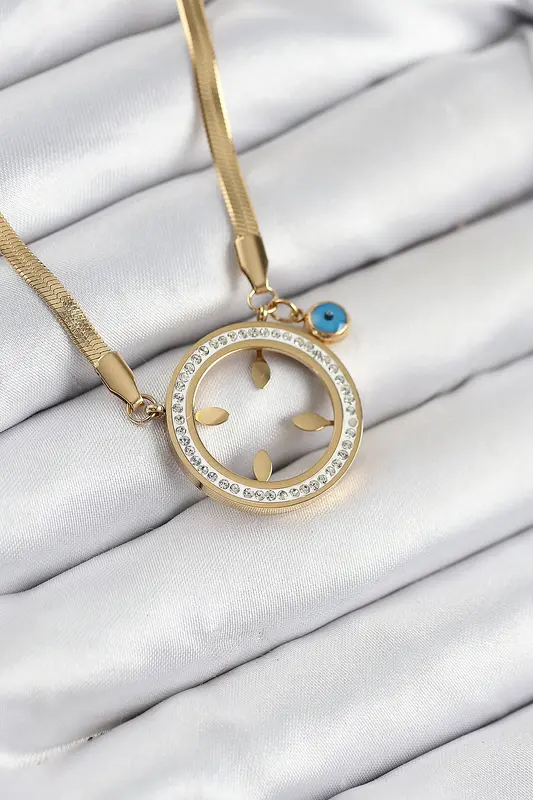 316L Çelik Zirkon Taşlı Çeyrek Takılabilir Gold Renk Kadın Kolye
