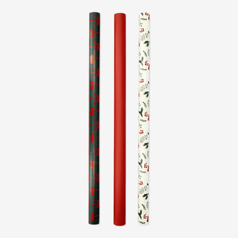 3'lü Kırmızılı Çiçekli Hediye Paketi Kağıdı Seti 70 cm x 300 cm