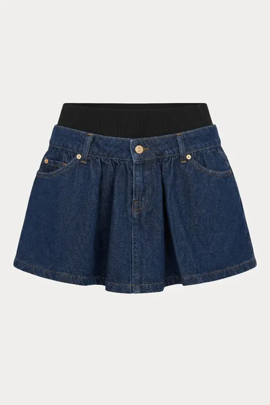 7 For All Mankind Beli Lastikli Pileli Mini Denim Etek