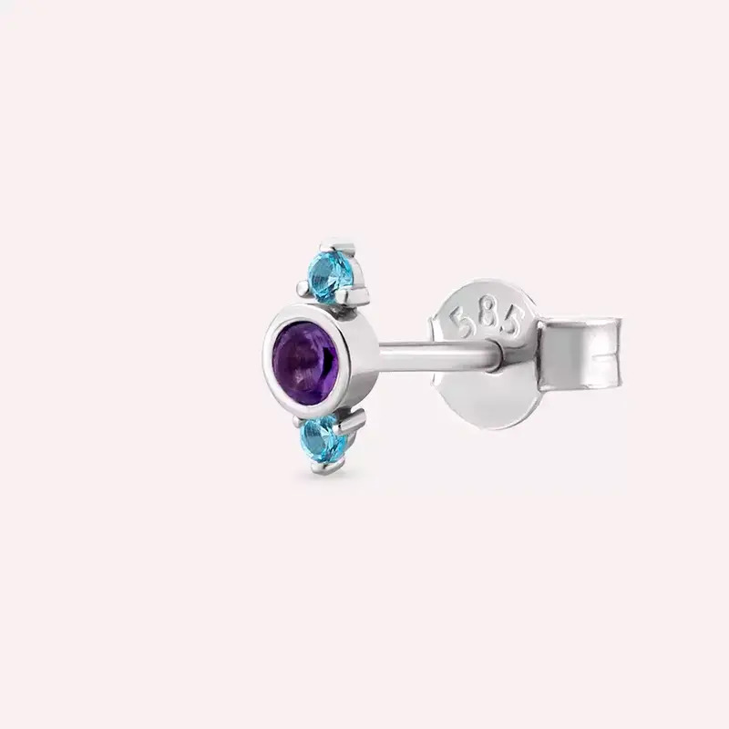 Andy Ametist ve Blue Topaz Taşlı Beyaz Altın Tek Küpe