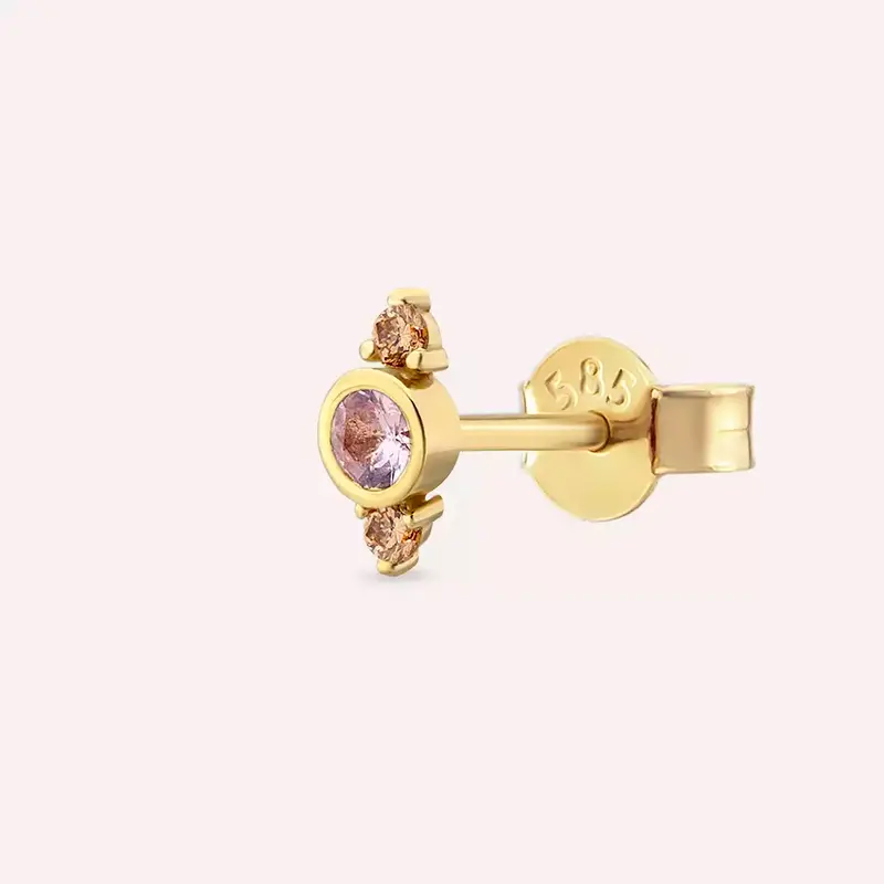Andy Pink Safir ve Brown Pırlanta Taşlı Sarı Altın Tek Küpe