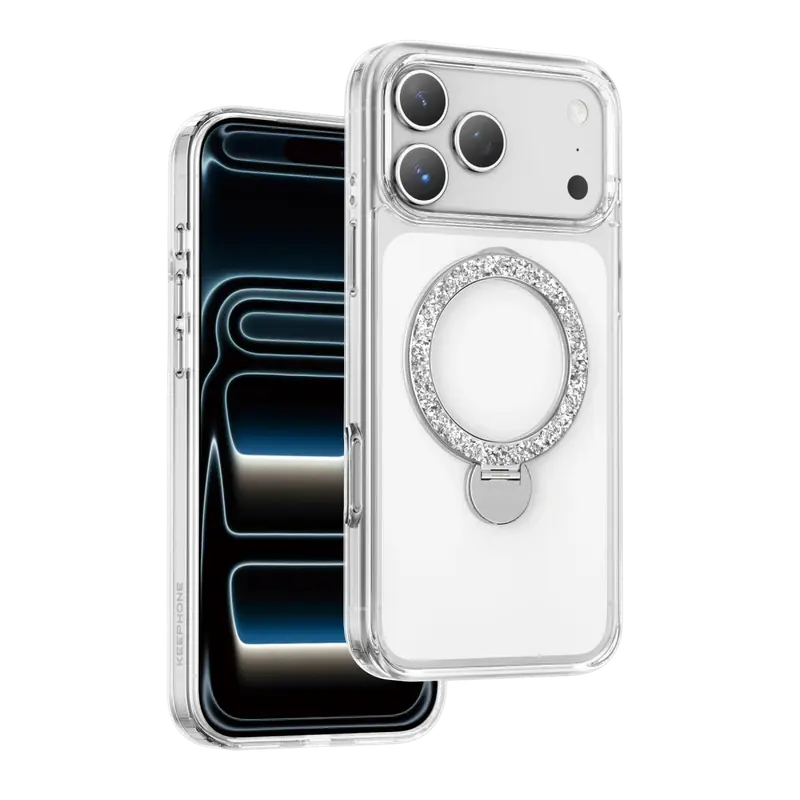 Apple iPhone 17 Pro Max Crystal Taşlı 360 Magsafe Standlı Kapak - Şeffaf