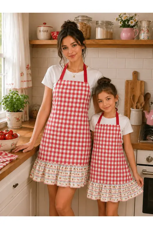 Ays Home Kırmızı Pötikareli Fırfırlı Anne Çocuk Mutfak Önlüğü