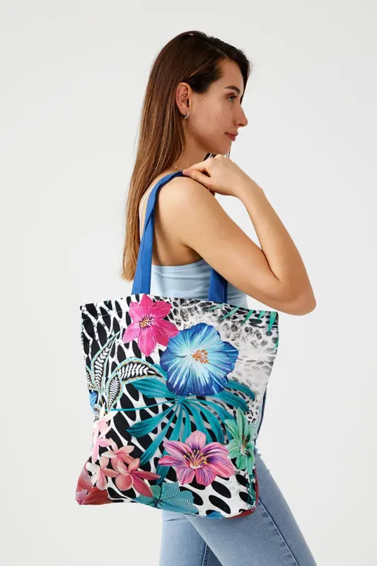 AYSHome Çiçek Zebra Desen Bez Alışveriş Plaj Omuz Çantası