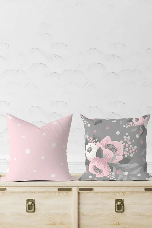AYSHome Kırlent Kılıfı Seti Gri Pembe Çiçek Desenli (2 adet)