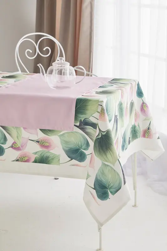 AYSHome Lila Zambak Lilyum Desen Kumaş Yemek Masası Örtüsü Ve Runner