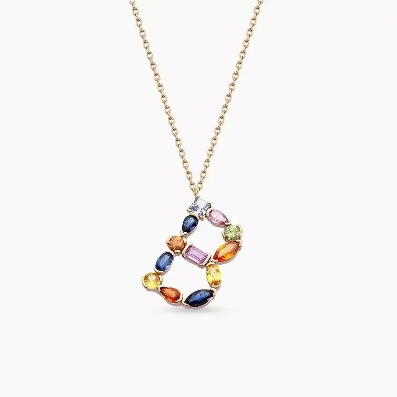 B Harf Multicolor Safir Taşlı Rose Altın Kolye