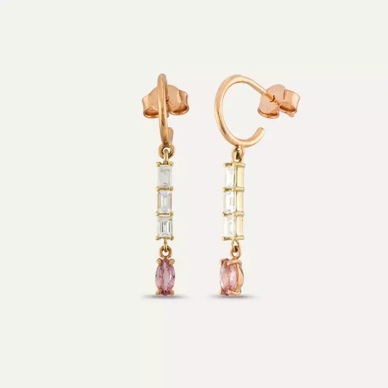 Baget Kesim Pırlanta ve Pink Safir Taşlı Rose Altın Küpe