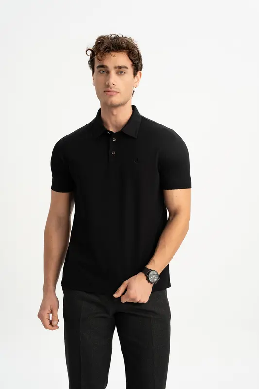 BELEN Siyah Merserize Kısa Kollu Polo Shirt