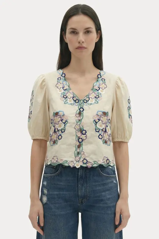 Berenice Regular Fit Nakış Desenli Keten Bluz