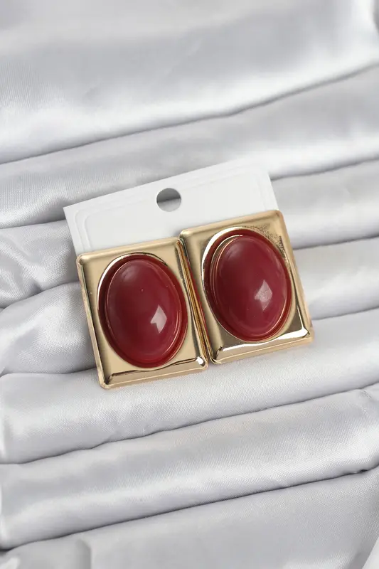 Bordo Kare Model Vintage Gold Renk Kadın Küpe