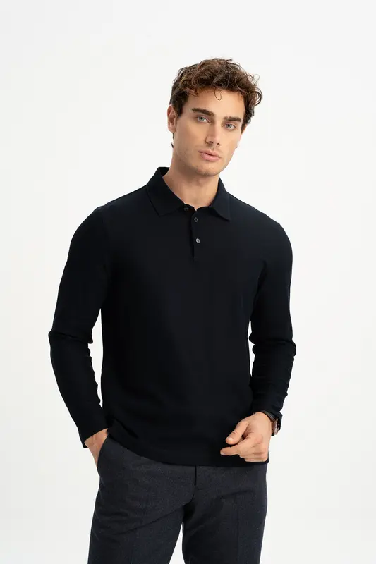 BOZALAN Lacivert Merserize Uzun Kollu Polo Shirt