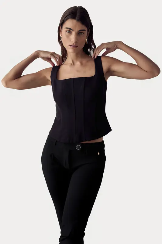 Bsb Kare Yaka Slim Fit Fermuarlı Bluz