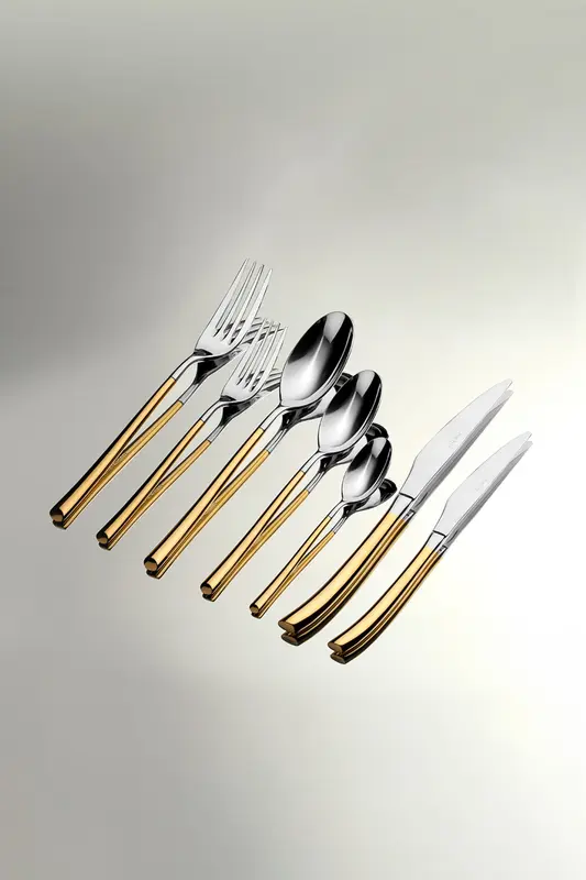 Elegance Altın Sade 12 Kişilik 84 Parça Deri Kutulu Çatal Kaşık Bıçak Takımı