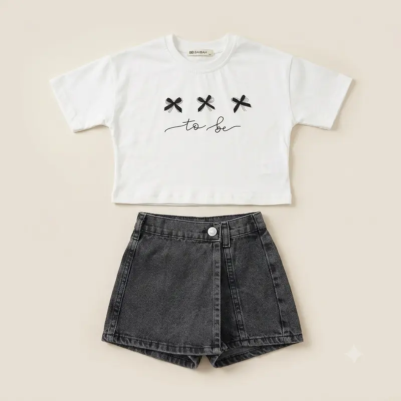 Fiyonk Detaylı Beyaz Crop Tişört ve Füme Denim Şort Etek Takımı