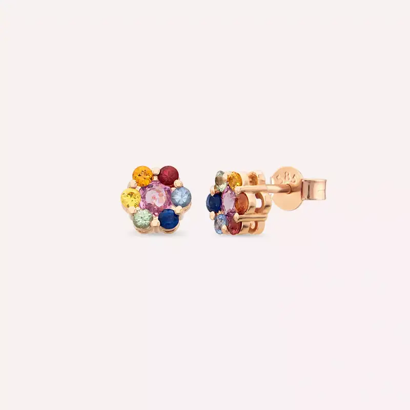 Flower Multicolor Safir Taşlı Rose Altın Küpe
