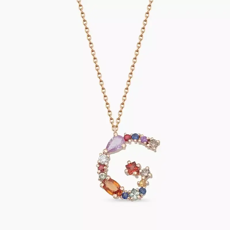 G Harf Brown Pırlanta ve Multicolor Safir Taşlı Rose Altın Kolye