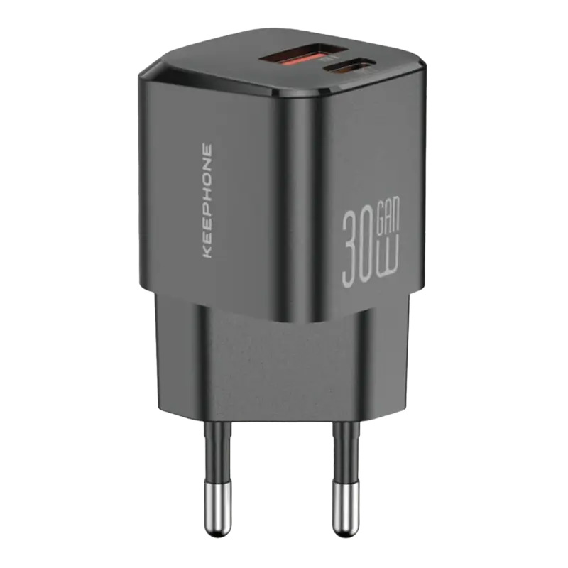 GaN Wall 30W 1 Adet Type-C ve 1 Adet USB Çıkışlı GaN Şarj Cihazı - Siyah