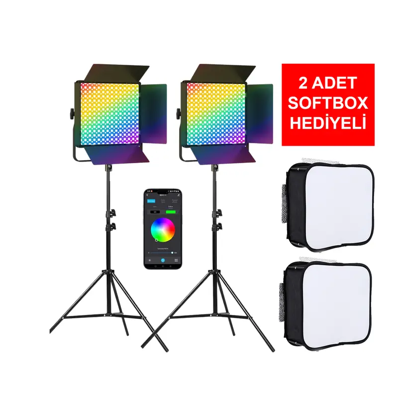 GDX CF-900R 2’li RGB LED Video Işığı Seti 14 Efektli 45W+35W Bluetooth APP Kontrollü 260cm Ayaklı Çantalı Full Set