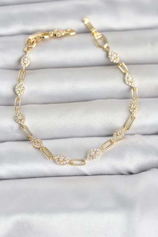 Gold Renk Zirkon Taşlı Ataç Zincir Model Kadın Bileklik