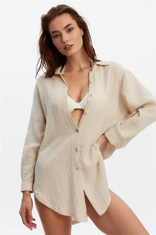 Gömlek Tunik P5620 – Bej %100 Pamuk Müslin Kumaş