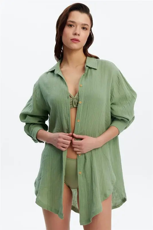 Gömlek Tunik P5620 – Yeşil %100 Pamuk Müslin Kumaş