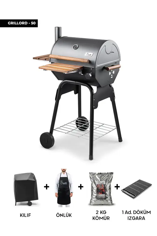 Grillord‑50 Kömürlü Barbekü (1 Adet Döküm Izgaralı) + Hediye Seti (Önlük + Kılıf + 1 Paket Kömür)