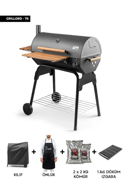 Grillord‑75 Kömürlü Barbekü (1 Adet Döküm Izgaralı) + Hediye Seti (Önlük + Kılıf + 2 Paket Kömür)