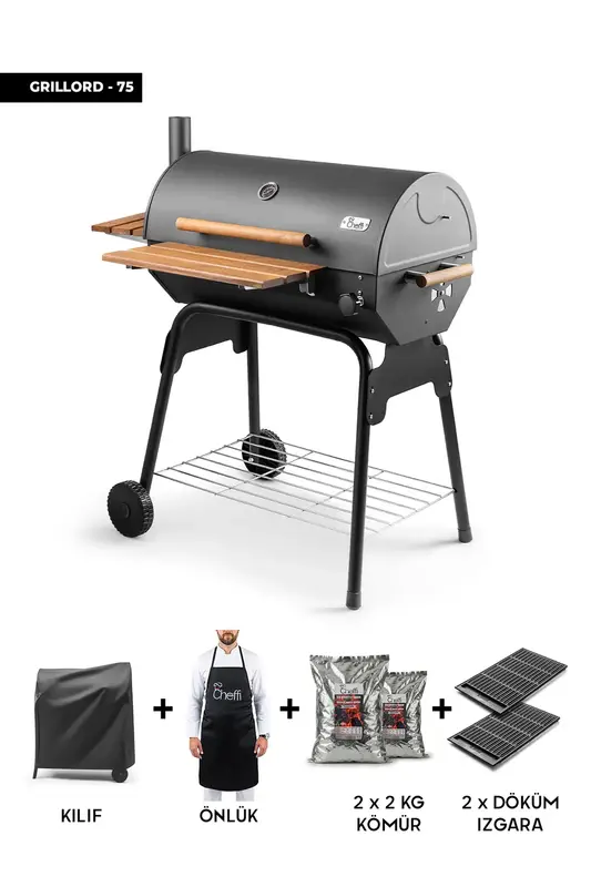 Grillord‑75 Kömürlü Barbekü (2 Adet Döküm Izgaralı) + Hediye Seti (Önlük + Kılıf + 2 Paket Kömür)