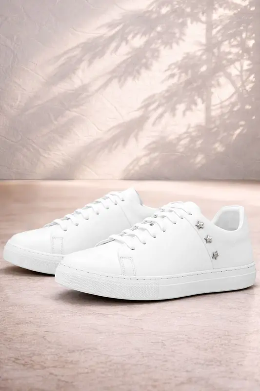 Hakiki Deri Kadın Beyaz Bağcıklı Yıldızlı Sneaker Ayakkabı
