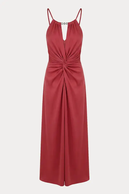 Hanita Slim Fit Halter Yaka Midi Abiye Elbise