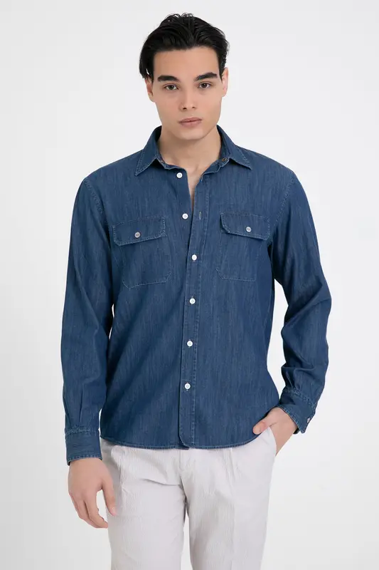 Herno Cep Detaylı Klasik Yaka Denim Gömlek