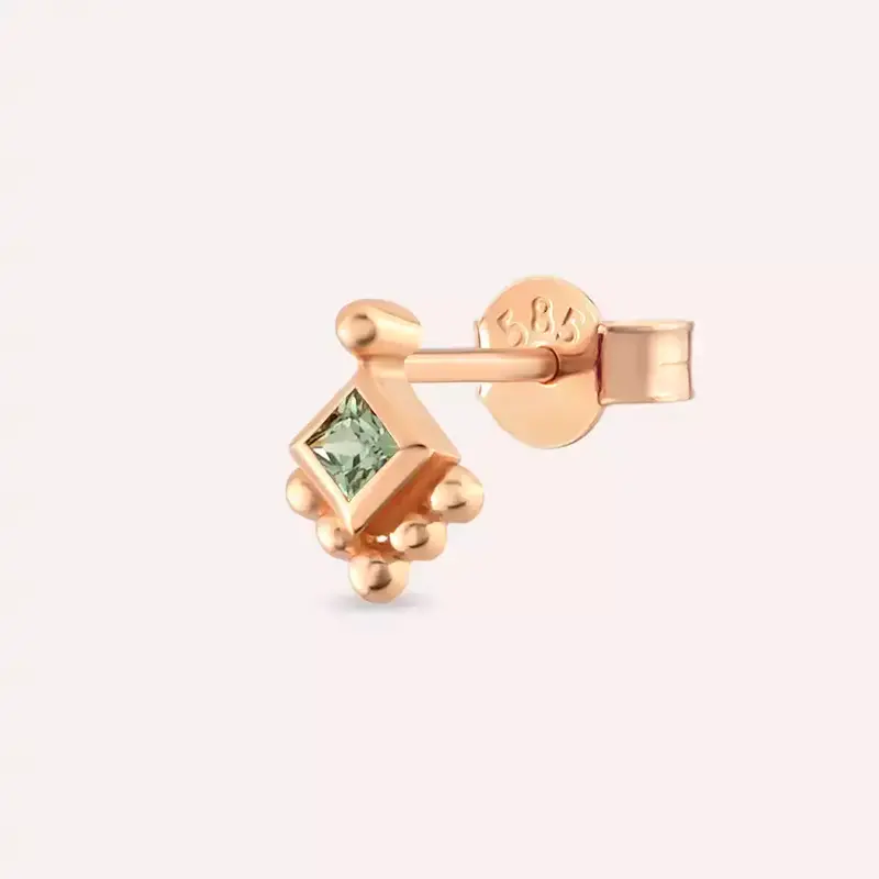 Hue Green Safir Taşlı Rose Altın Tek Küpe
