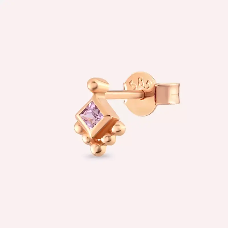 Hue Pink Safir Taşlı Rose Altın Tek Küpe