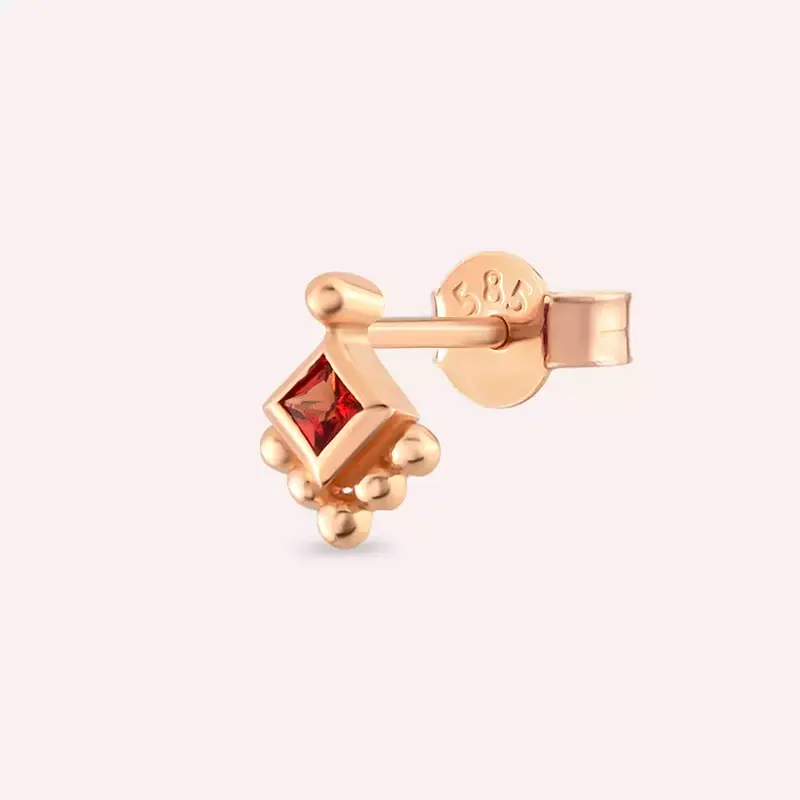 Hue Red Safir Taşlı Rose Altın Tek Küpe