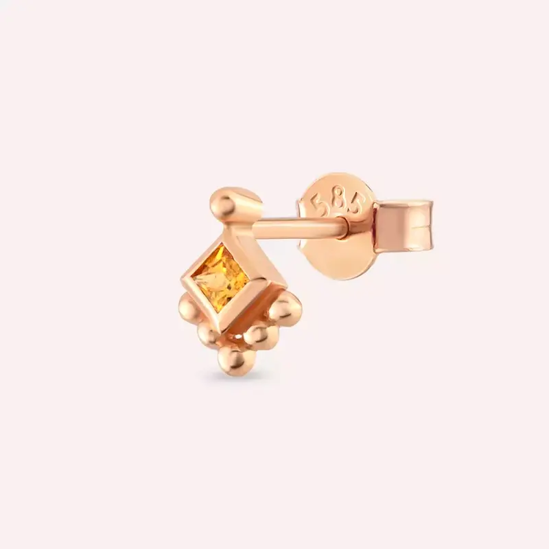 Hue Yellow Safir Taşlı Rose Altın Tek Küpe