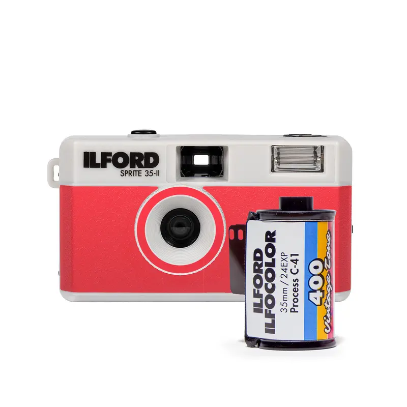 ILFORD SPRITE 35-II Kamera Gümüş & Kırmızı ve ILFORD ILFOCOLOR Vintage Tone 400 24 EXP 35 MM Film